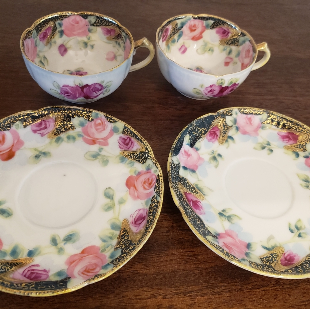 Vintage Teacups with Saucers Black & Gold Detail Pink Flowers - Picture 9 of 14